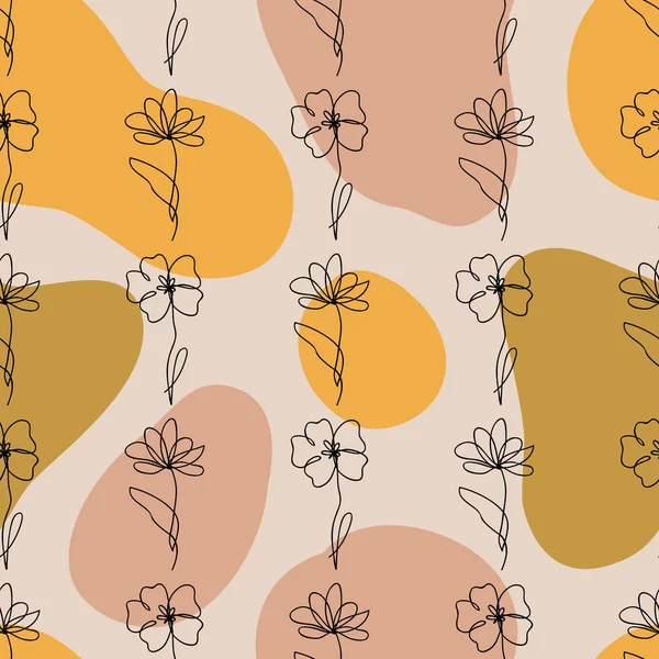 Patrón sin costura vectorial de una línea que dibuja flores abstractas y formas líquidas geométricas. Diseño minimalista moderno dibujado a mano para moda, impresión, textil — Vector de stock