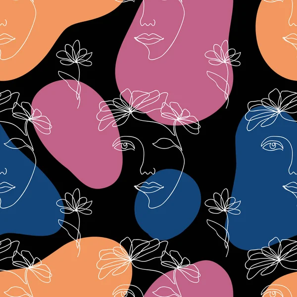 Patrón sin costura vectorial de una línea que dibuja flores abstractas y hermosas mujeres jóvenes y formas líquidas geométricas. Diseño minimalista moderno dibujado a mano para moda, impresión, textil — Vector de stock