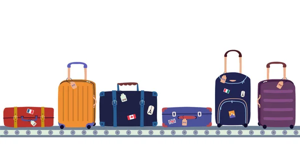 Vector illustratie van de luchthaven transportband met passagiers bagage in terminal en plaats voor tekst. Toerisme concept in vlakke stijl — Stockvector