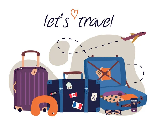 Векторный набор с элементами перемещения: багажные сумки, чемоданы, солнцезащитные очки, косметика, одежда, самолет. Модные красочные каникулы иллюстрация в мультяшном плоском стиле — стоковый вектор