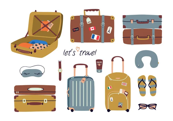 Vector set with travel stuff: luggage bags, suitcases, sunglasses, cosmetics, clothes. Trendy colorful vacation design elements in cartoon style isolated on white — Stockvector