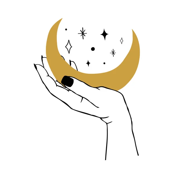 Vektor illustration av kvinnors hand håller månen och stjärnor. Trendig linjär och minimal boho tatuering stil för logotyp, emblem, t-shirt mode tryck, klistermärken, hudvård eller kosmetika branding — Stock vektor