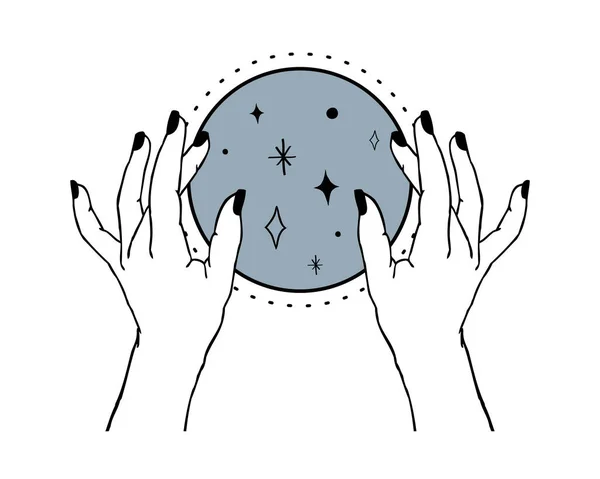 Illustrazione vettoriale delle mani delle donne che tengono misteriosa palla magica e stelle. Stile di tatuaggio boho lineare e minimale alla moda per logo, emblema, stampa di moda t-shirt, adesivi, cura della pelle o marchio cosmetico — Vettoriale Stock