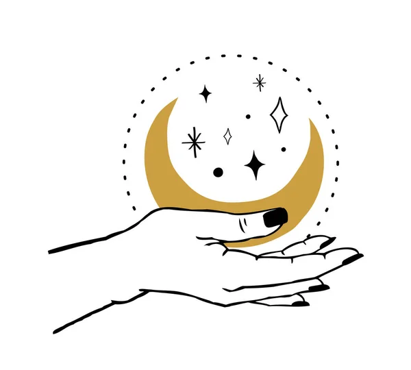 Vektor illustration av kvinnors hand håller månen och stjärnor. Trendig linjär och minimal boho tatuering stil för logotyp, emblem, t-shirt mode tryck, klistermärken, hudvård eller kosmetika branding — Stock vektor