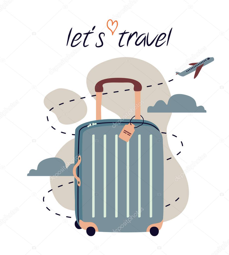 Vector travel and trip concept flat design with bag and airplane. Tourism background with luggage