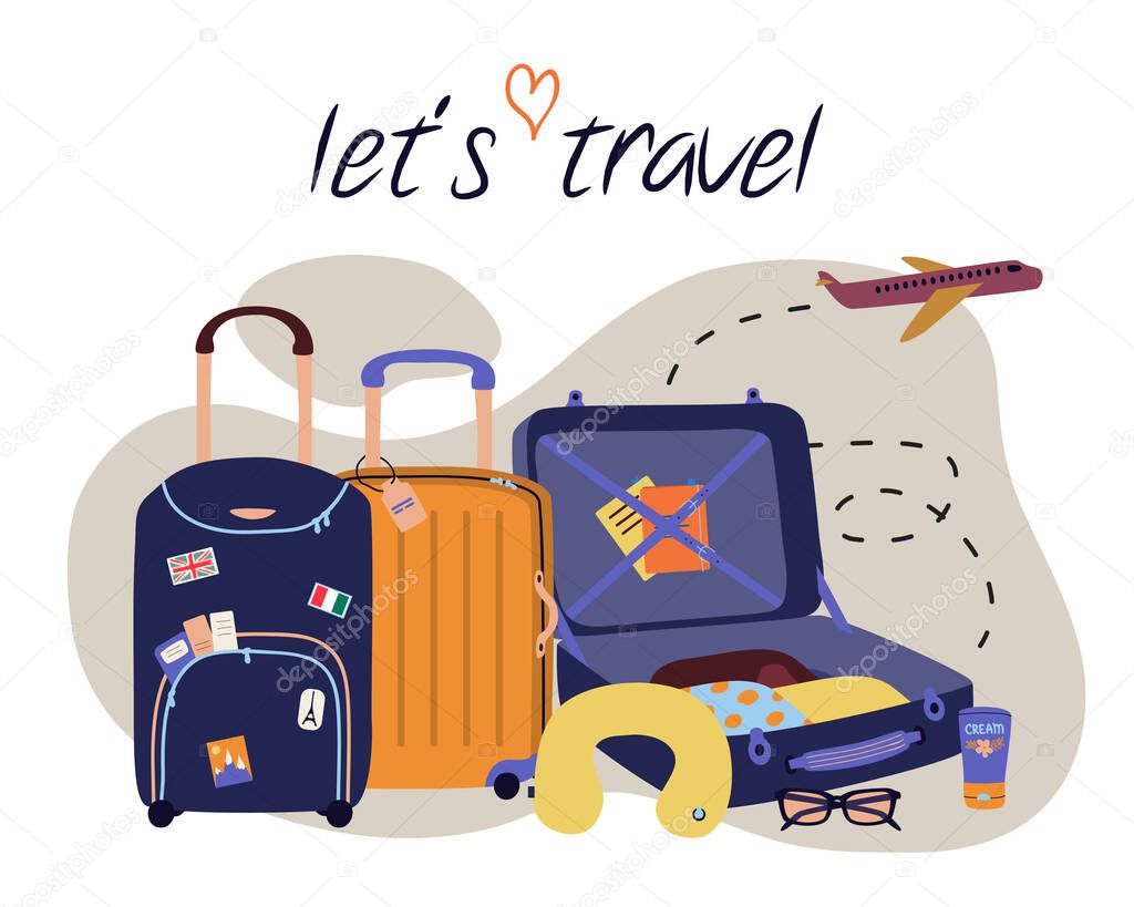 Vector set with travel elements: luggage bags, suitcases, sunglasses, cosmetics, clothes, airplane. Trendy colorful vacation illustration in cartoon flat style