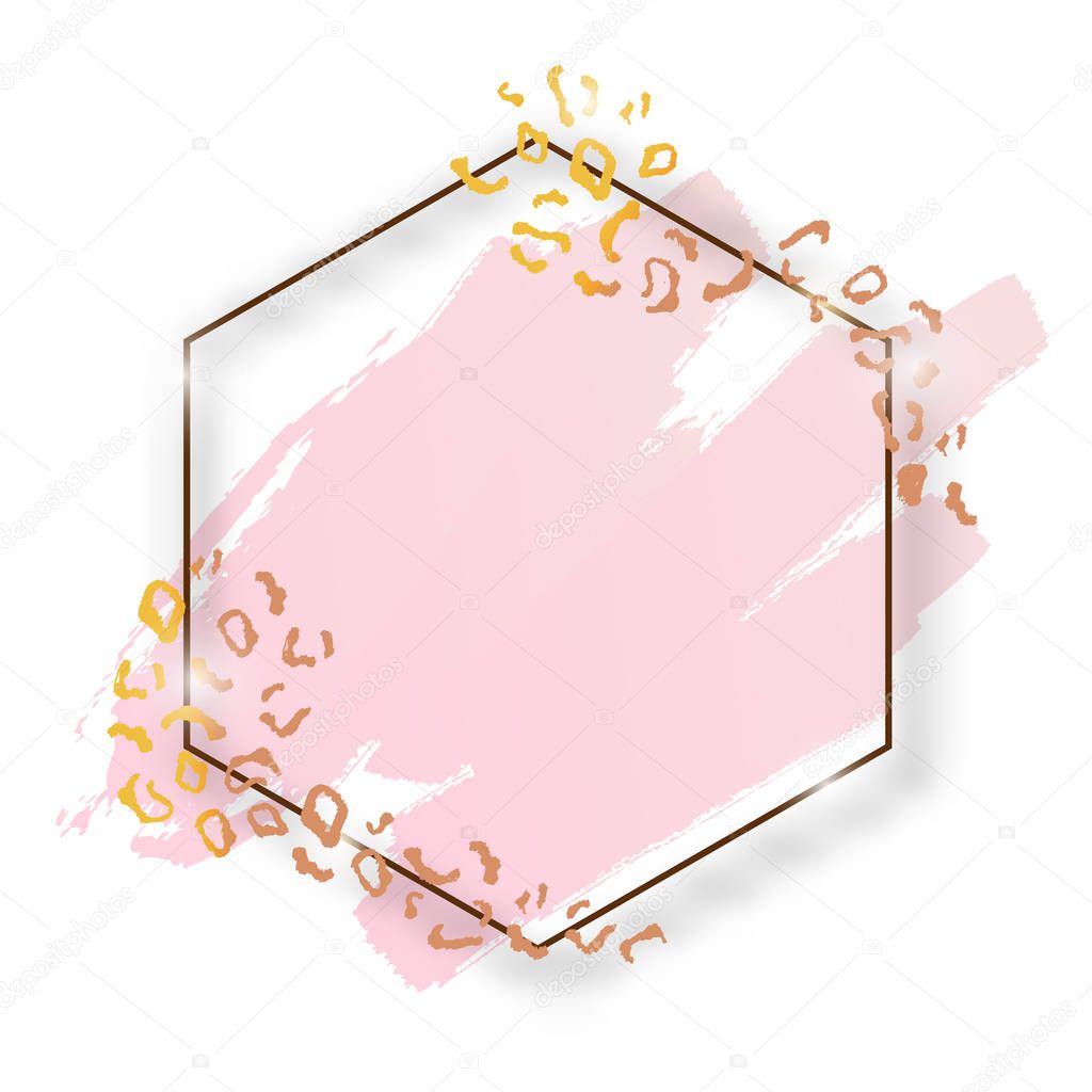 Vector golden shiny vintage hexagon frame with brush strokes and animal leopard skin isolated on transparent background. Luxury glowing realistic border