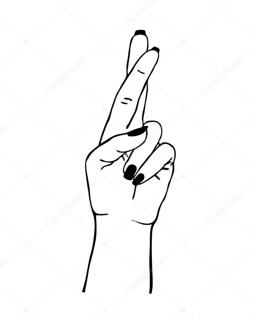 Vector illustration of gesture - female hand showing fingers crossed isolated on white background. Concept of Lie or Luck, superstition symbol