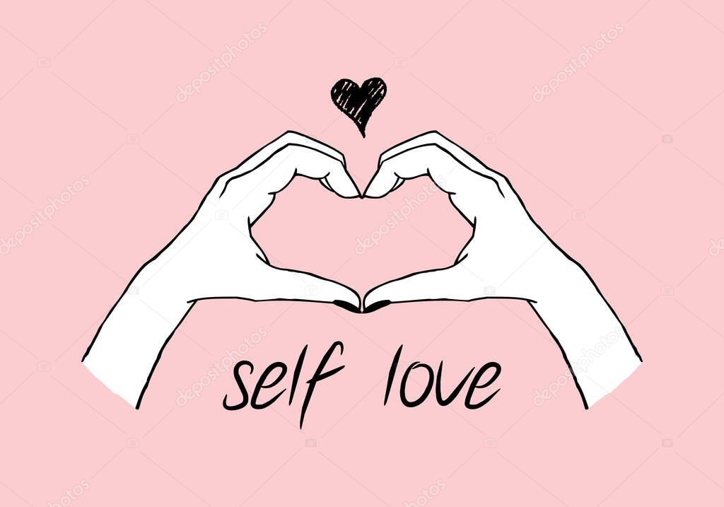 Vector trendy illustration of gesture - heart made with hands in modern minimal and tattoo style. Design template for logo, print, emblem or branding. Self love concept.