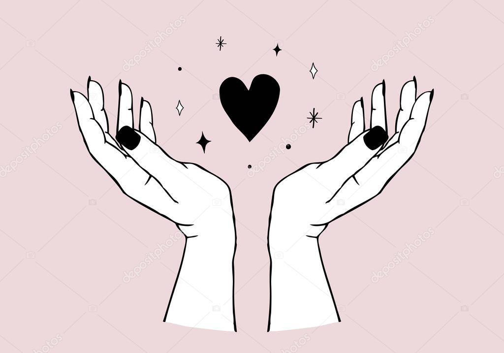Vector trendy illustration of gesture - hands holding heart in modern minimal and tattoo style. Design template for logo, print, emblem or branding. Love concept.