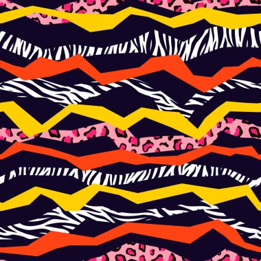 Vektör zebra ve leopar desensiz çizgili geometrik desen tasarımı. Renkli moda hayvan baskısı
