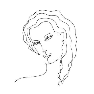 Bir kadın çiziminin vektör modası çizimi. Beyaz sırt çantasıyla izole edilmiş, minimal doğrusal tarzda modern sanat eserleri. Tişört moda baskısı, logo, amblem, şablon için kadın portresi