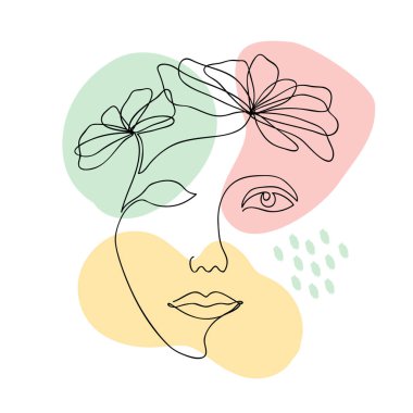 Geometrik elementlere sahip bir kadın çiziminin taşıyıcı modası. Beyaz sırt çantasıyla izole edilmiş, minimal doğrusal tarzda modern sanat eserleri. Tişört moda baskısı için kadın portresi