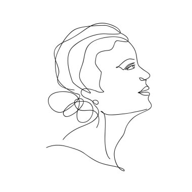 Bir kadın çiziminin vektör modası çizimi. Beyaz sırt çantasıyla izole edilmiş, minimal doğrusal tarzda modern sanat eserleri. Tişört moda baskısı, logo, amblem, şablon için kadın portresi