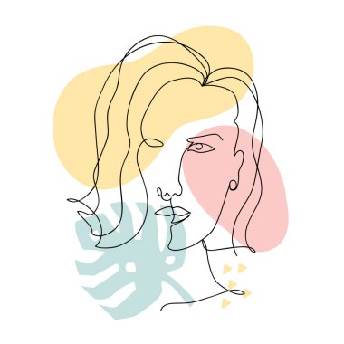 Geometrik elementlere ve canavar yaprağına sahip bir kadın çiziminin taşıyıcı modası. Beyaz sırt çantasıyla izole edilmiş, minimal doğrusal tarzda modern sanat eserleri. Kadın portresi