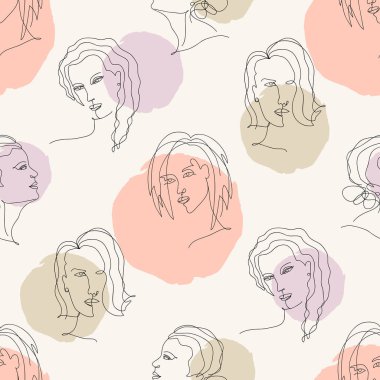 Bir çizgi kadın ve geometrik elementlerin çizimiyle soyut, modaya uygun, pürüzsüz bir model. Asgari doğrusal tarzda modern sanat eserleri. Tişört desenleri için kadın portresi