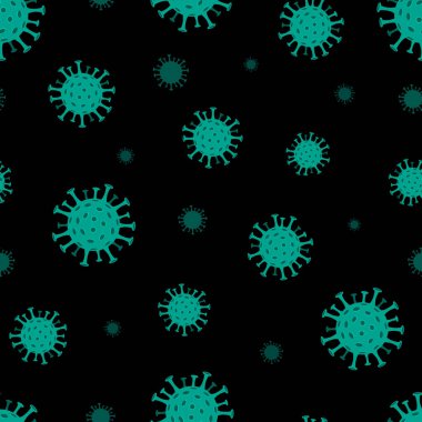 Vektör Coronavirus COVID-19 kusursuz desen. Koyu arkaplandaki yeşil virüslerin tekrarlanan çizimi. Bakteri Biyolojisi Organizmaları, 2019-nCoV, salgın konsepti.