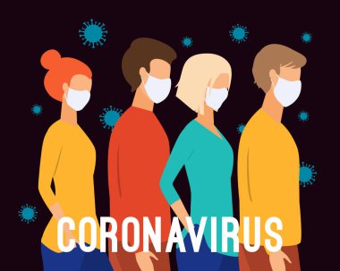 Coronavirus Pandemia 'nın vektör çizimi. Roman Coronavirus (2019-nCoV), beyaz tıbbi maske takan insanlar. Koronavirüs karantinası kavramı