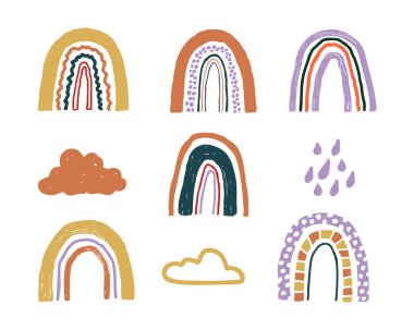 Çocuksu eliyle gökkuşağı, bulut ve yağmur damlaları çizen bir vektör. Kumaş, ambalaj, tekstil, duvar kağıdı ve giyim için yaratıcı İskandinav unsurları
