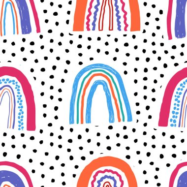 Elle çizilmiş gökkuşağı ve polka noktalı arka plan ile kusursuz çocuksu bir model. Kumaş, ambalaj, tekstil, duvar kağıdı, giyim için yaratıcı İskandinav dokusu