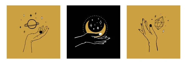 Vector Set Cards Women Hands Holding Planet Moon Stars Crystal — Stock Vector