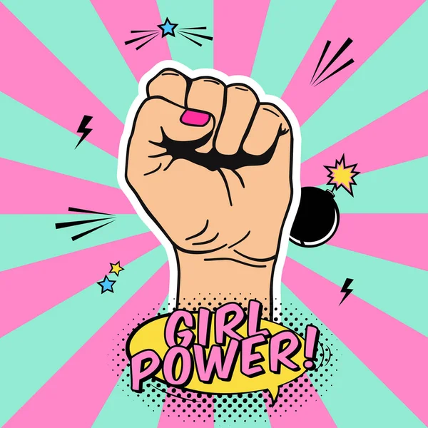 Vector illustration of raised women's fist in pop art comic style. Placard with women's rights and solidarity theme, feminism concept, protest, rebel, revolution