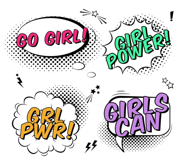 Conjunto Vectores Con Burbujas Voz Cómics Eslóganes Girl Power Derechos — Archivo Imágenes Vectoriales