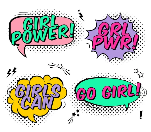 Conjunto Vetores Com Histórias Quadrinhos Bolhas Fala Slogans Girl Power —  Vetores de Stock