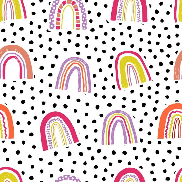 Vektor Nahtloses Kindliches Muster Mit Handgezeichneten Regenbögen Und Gepunktetem Hintergrund — Stockvektor