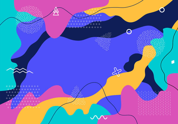 Векторный абстрактный шаблон мультипликационная текстура с линиями, точками, каракулями геометрических элементов. Модный поп-арт фон с динамическими и жидкими формами для брошюры, обложки, шаблона дизайна
