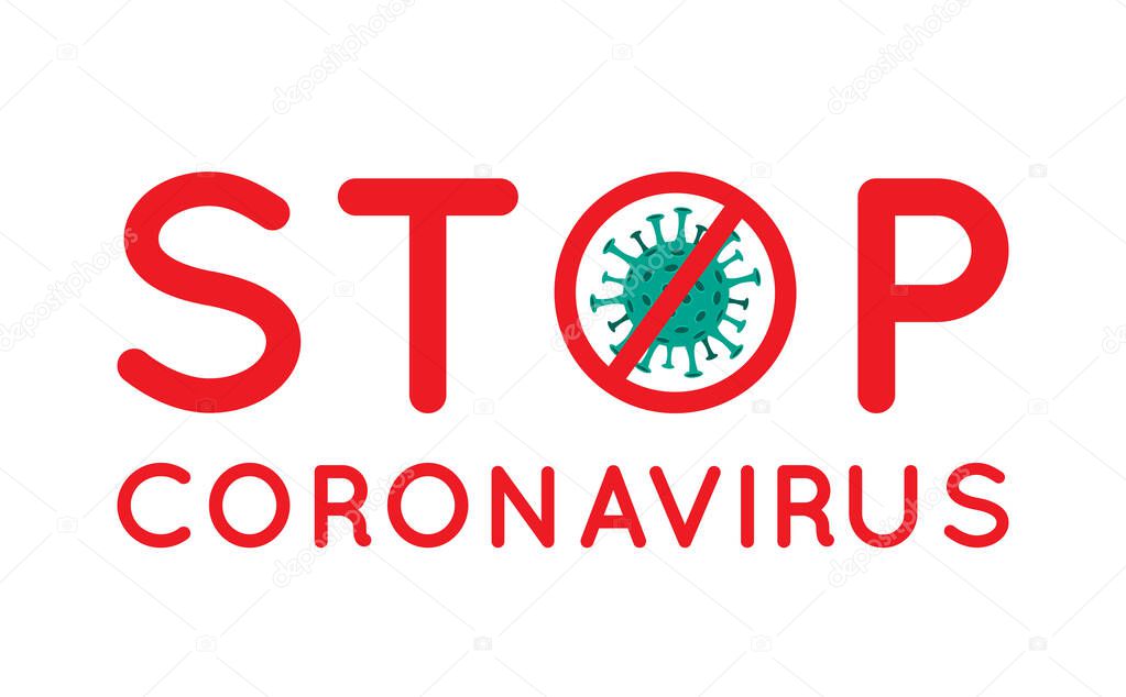 Vector Coronavirus Icon with Red Prohibit STOP Sign isolated on white background. Abstract 2019-nCoV Novel Coronavirus Bacteria. Dangerous Cell in China, Wuhan. Public health risk disease concept