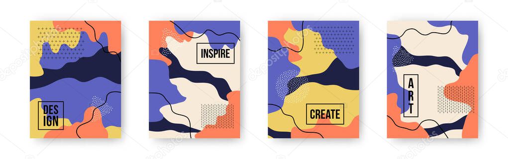 Vector colorful set with abstract pattern cartoon textures with dots, doodle geometric elements. Trendy backgrounds with dynamic and fluid shapes for brochure cover template design