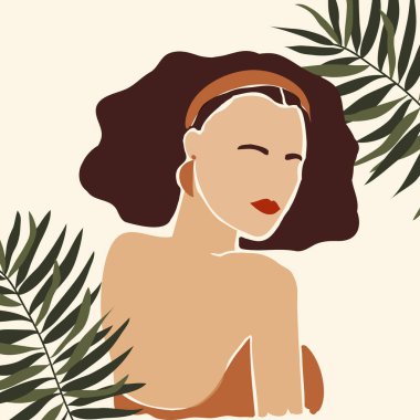 Soyut modern kadın portresi siluetlerinin vektör el çizimi. Moda modası geçmiş, kağıt üzerinde en az moda kadın yüzü palmiye yaprağıyla mozaik düz stil kesiyor. Asgari sanat, poster baskısı. 