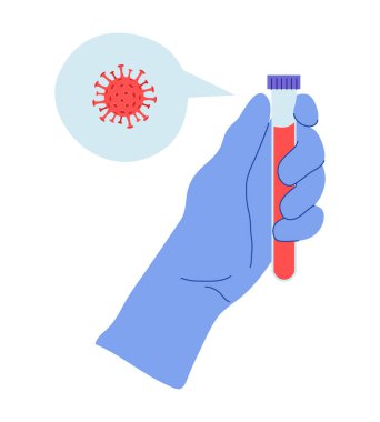 Coronavirus test tüpü ya da virüs aşısı içeren eldiven giyen ellerin vektör çizimi. Koronavirüs hastalığının tıbbi konsepti 2019 COVID-19 veya SARS-CoV-2 yakın çekim testi.