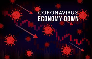 Coronavirus 'un borsa ve küresel ekonomi üzerindeki etkilerinin vektör konsepti. Covid-19 virüsü piyasanın düşmesine neden oluyor. Candlestick hisse senedi grafikleri, okları ve virüsleri olan arkaplan.