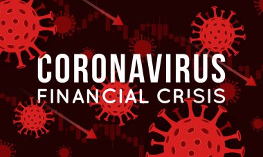 Coronavirus 'un borsa ve küresel ekonomi üzerindeki etkilerinin vektör konsepti. Covid-19 virüsü piyasanın düşmesine neden oluyor. Şamdan stok grafikleri ve virüsleri olan bir arkaplan.