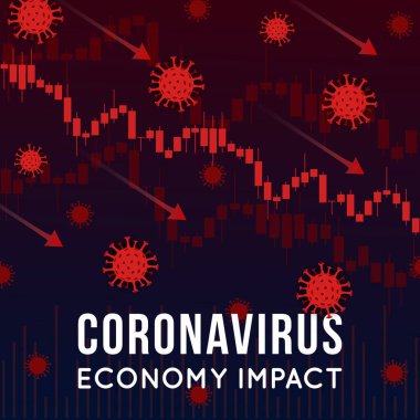 Coronavirus 'un borsa ve küresel ekonomi üzerindeki etkilerinin vektör konsepti. Covid-19 virüsü piyasanın düşmesine neden oluyor. Candlestick hisse senedi grafikleri, okları ve virüsleri olan arkaplan.
