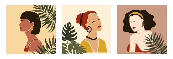 Conjunto Vectorial Tarjetas Con Siluetas Retrato Mujeres Jóvenes Modernas Abstractas — Vector de stock