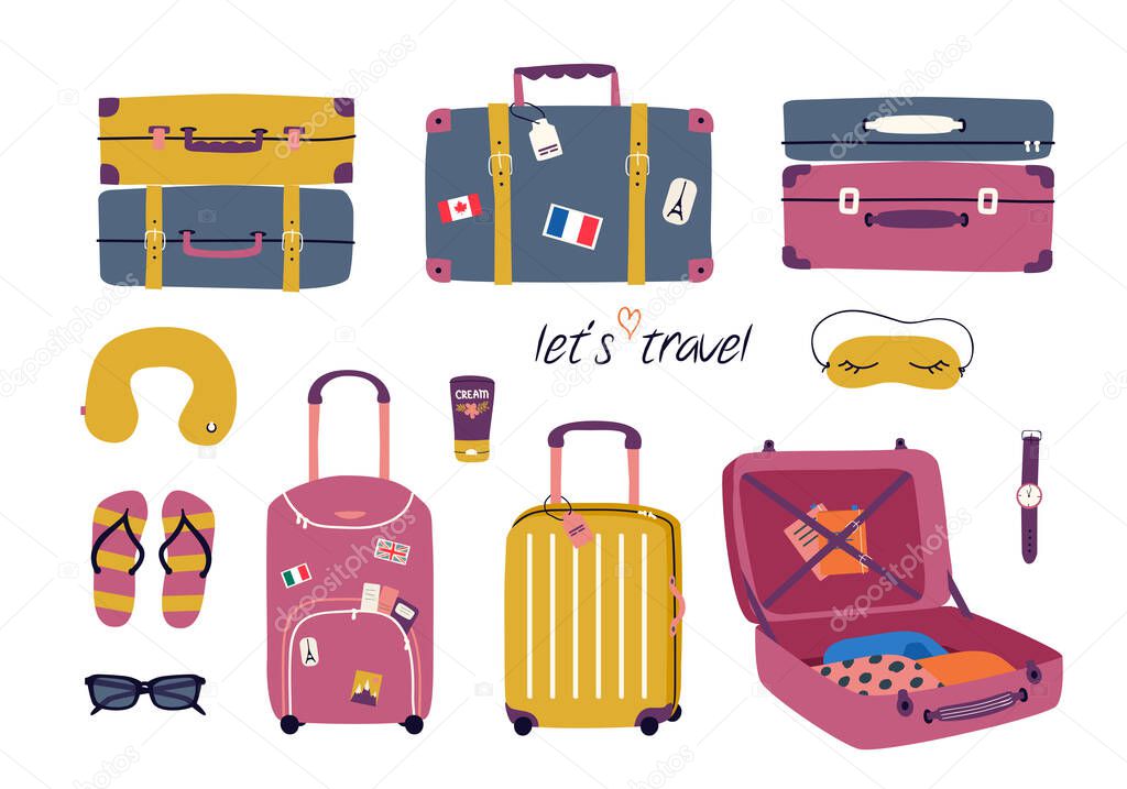 Vector set with travel stuff: luggage bags, suitcases, sunglasses, cosmetics, clothes. Trendy colorful vacation design elements in cartoon style isolated on white