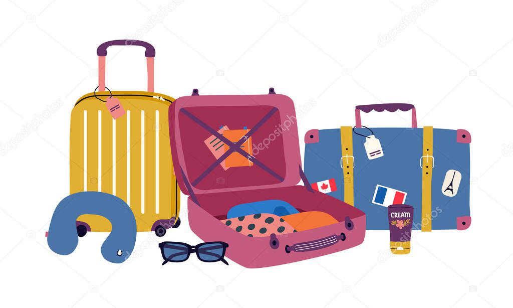 Vector set with travel elements: luggage bags, suitcases, sunglasses, cosmetics, clothes. Trendy colorful vacation illustration in cartoon flat style