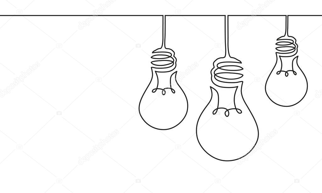 Vector illustration of continuous one line drawing of hanging electric light bulbs. Creative concept of idea, business