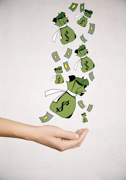 Hand hält kreative Dollartaschen und Banknoten auf hellem Hintergrund. Wohlstandskonzept — Stockfoto