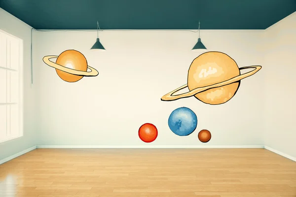 Interior da sala com planetas abstratos desenhando na parede de concreto, piso de madeira e janela com luz do dia. Conceito de imaginação. Renderização 3D — Fotografia de Stock