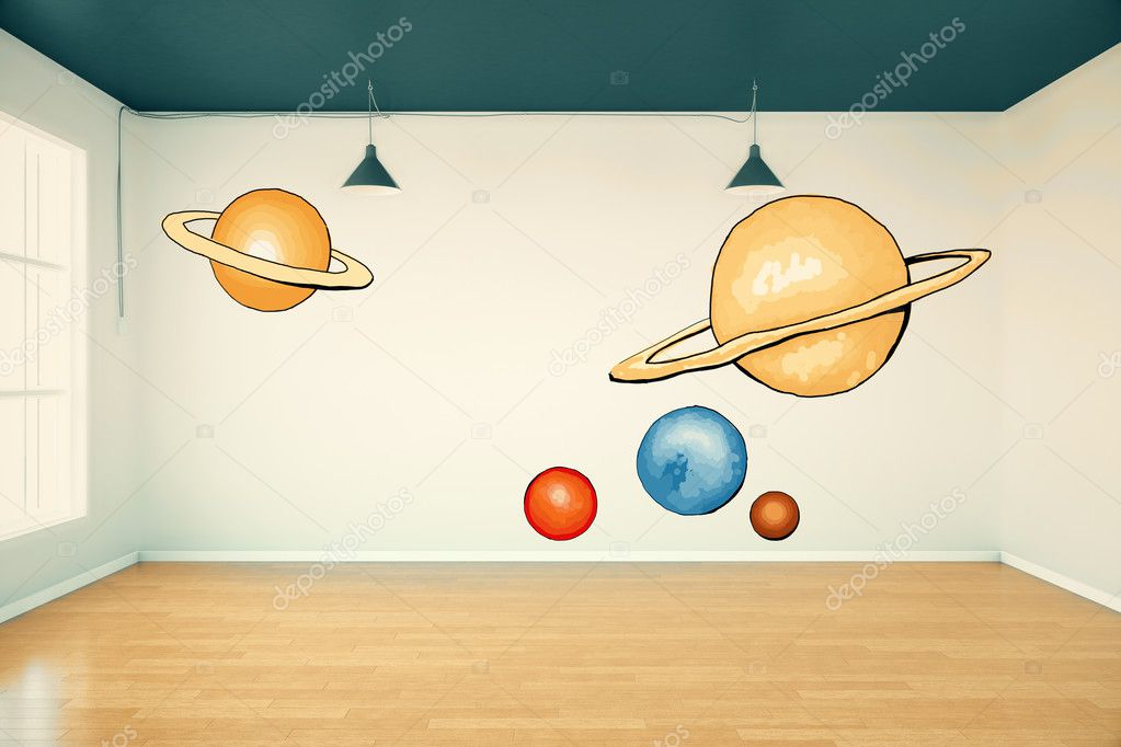 Room interior with abstract planets drawing on concrete wall, wooden floor and window with daylight. Imagination concept. 3D Rendering