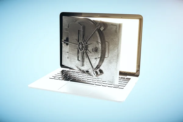 Online Banking koncept med Open bank Vault dörr istället för laptop skärm på blå bakgrund. 3D-rendering — Stockfoto