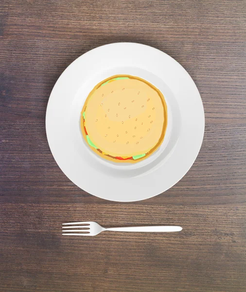 Draufsicht auf Holztisch mit Gabel und Burger-Skizze im Flugzeug. Ernährungskonzept — Stockfoto