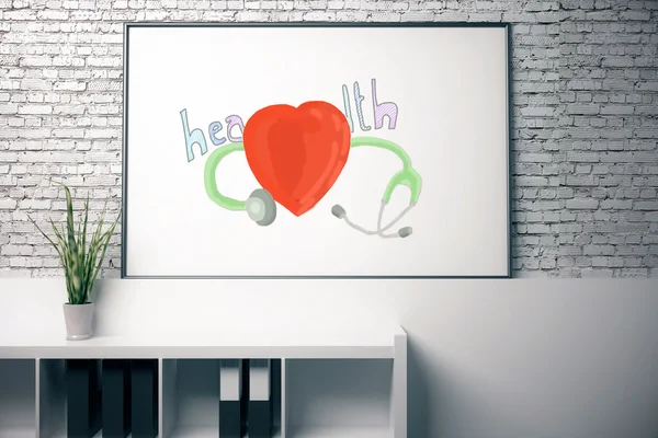 Büro-Whiteboard mit kreativem Herzen und Stethoskop-Skizze auf Backstein-Hintergrund. Gesundheitskonzept. 3D-Darstellung — Stockfoto
