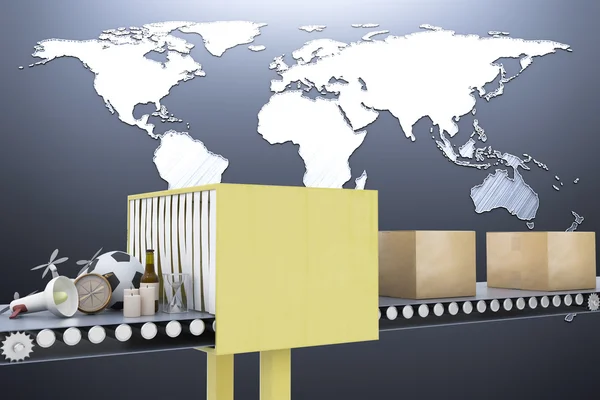 Csomagolási szolgáltatás és a parcella közlekedési rendszer fogalma — Stock Fotó