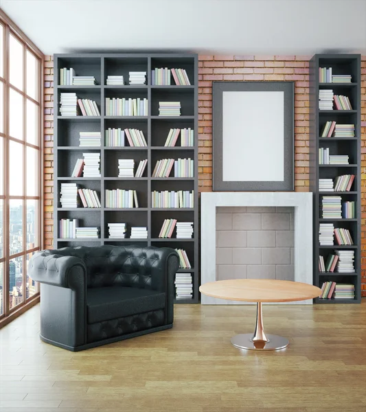 Luxurious library interior with black leather sofa, bookshelves, fireplace, table, blank picture frame on red brick wall and window with city view. Mock up, 3D Rendering — Stock Photo, Image