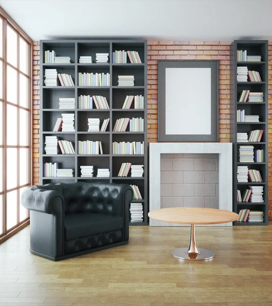 Interior de biblioteca de luxo com sofá de couro preto, estantes, lareira, mesa e quadro em branco na parede de tijolo vermelho. Preparem-se, 3D Rendering — Fotografia de Stock